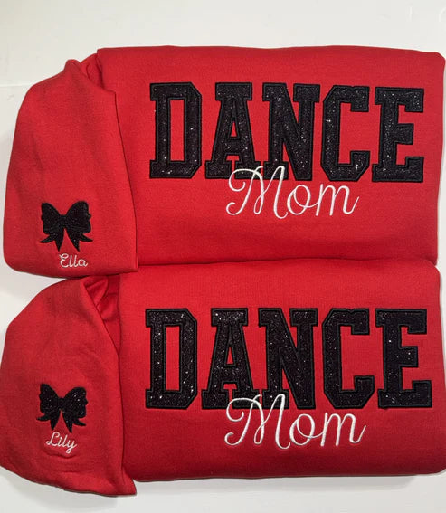 Custom Glitter Embroidered Dance Mom Sweatshirt – Personalized Name & Bow Crewneck