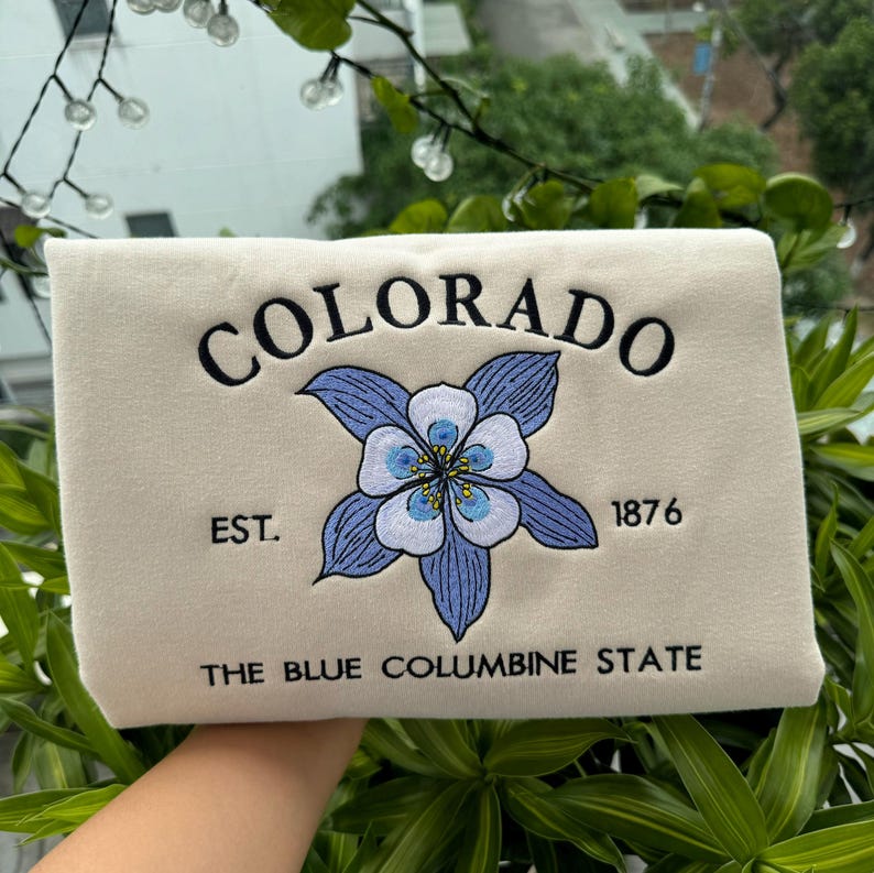 Custom Embroidered Colorado Blue Columbine State Sweatshirt | US State Flowers Embroidery State Gift Shirt