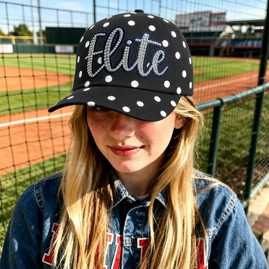 Custom Sparkly Script Polka Dot Hat – Adjustable Snapback Baseball Cap for Sports, Softball & Casual Wear | Game Day Wear