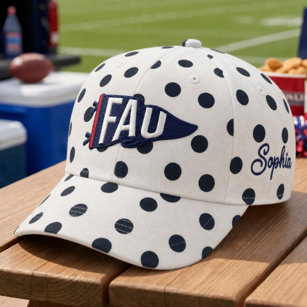 Custom Embroidered Polka Dot Gameday Pennant Hat – Vintage University Football Cap, Personalized School Spirit Gift | Game Day Wear