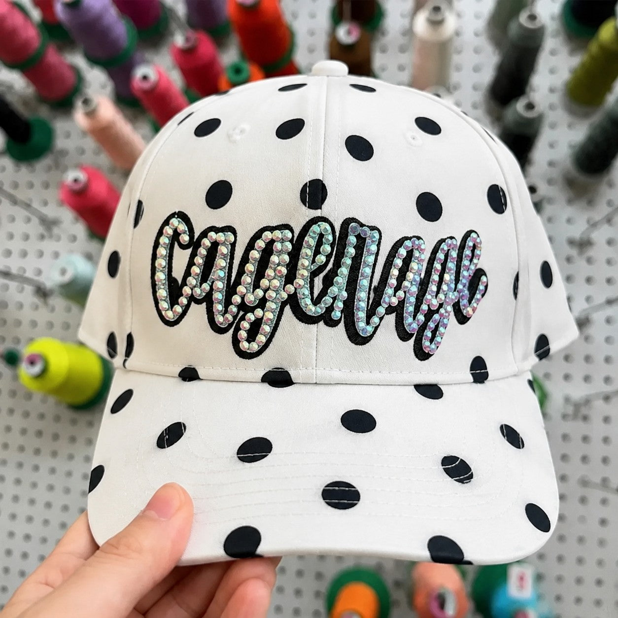Personalized Rhinestone Cursive Script Trucker Hat - Black & White Polka Dot Adjustable Snapback | Game Day Wear