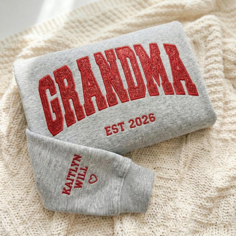 Custom Arched Glitter Embroidered Grandma Sweatshirt | Mother's Day Gift