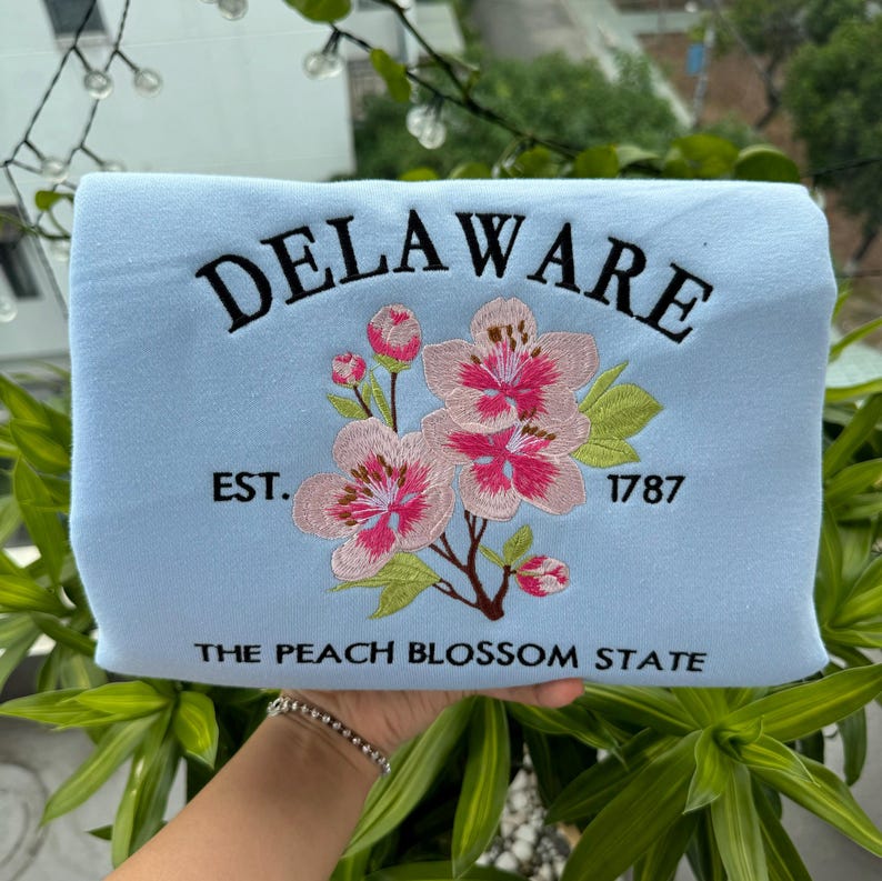Custom Embroidered Delaware Peach Blossom Sweatshirt | US State Flowers Embroidery State Gift Shirt