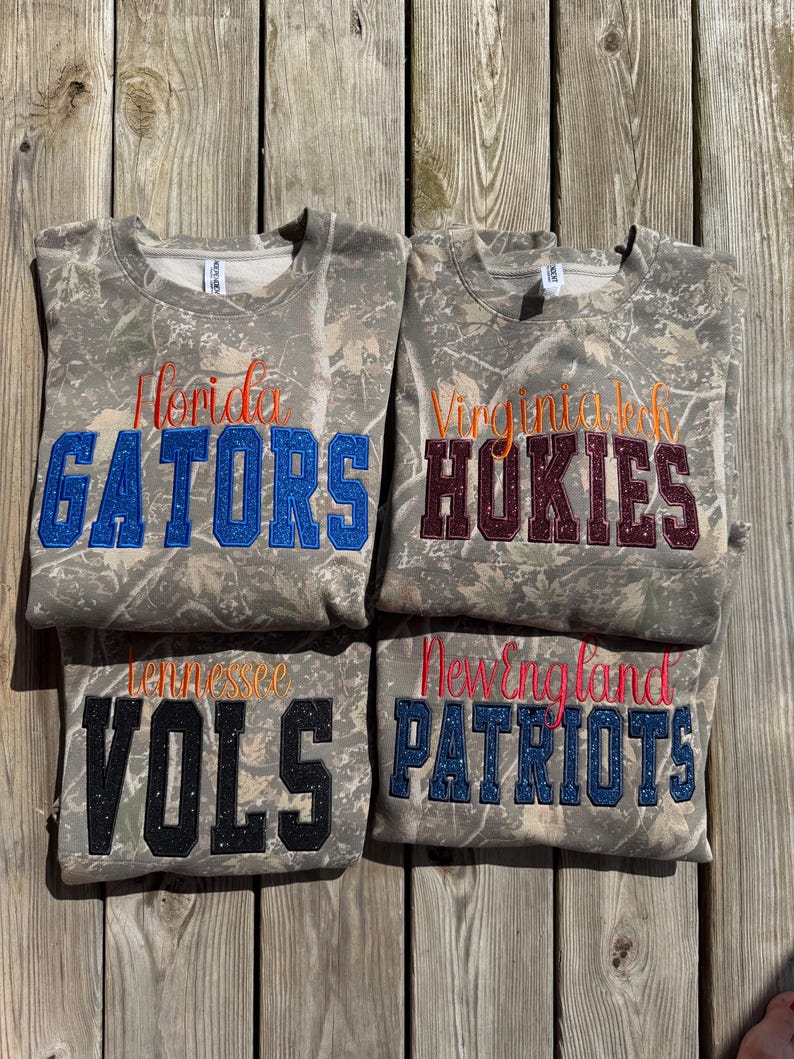 Custom Team Camo Crewneck Sweatshirt | Glitter Appliqué Embroidery Game Day Pullover