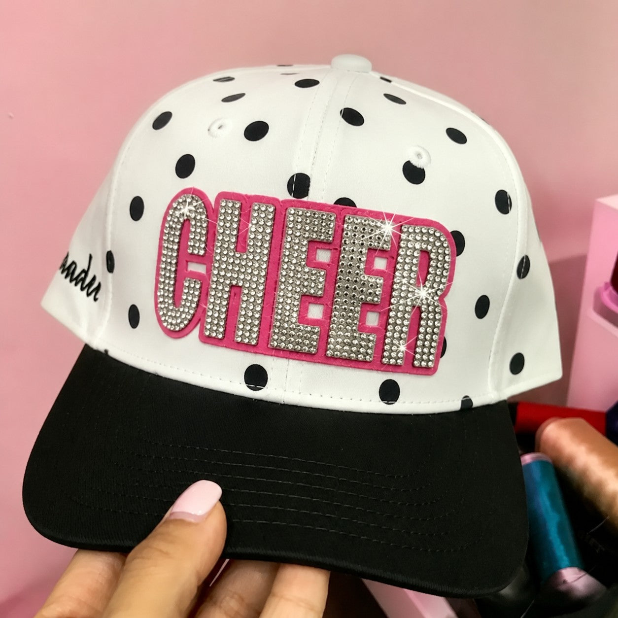Custom Sparkly Rhinestone CHEER Polka Dot Hat – Bling Game Day Cap | Game Day Wear
