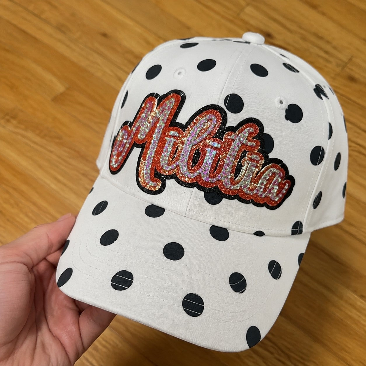 Custom Polka Dot Sports Mom Hat – Glitter & Rhinestone Game Day Cap | Game Day Wear