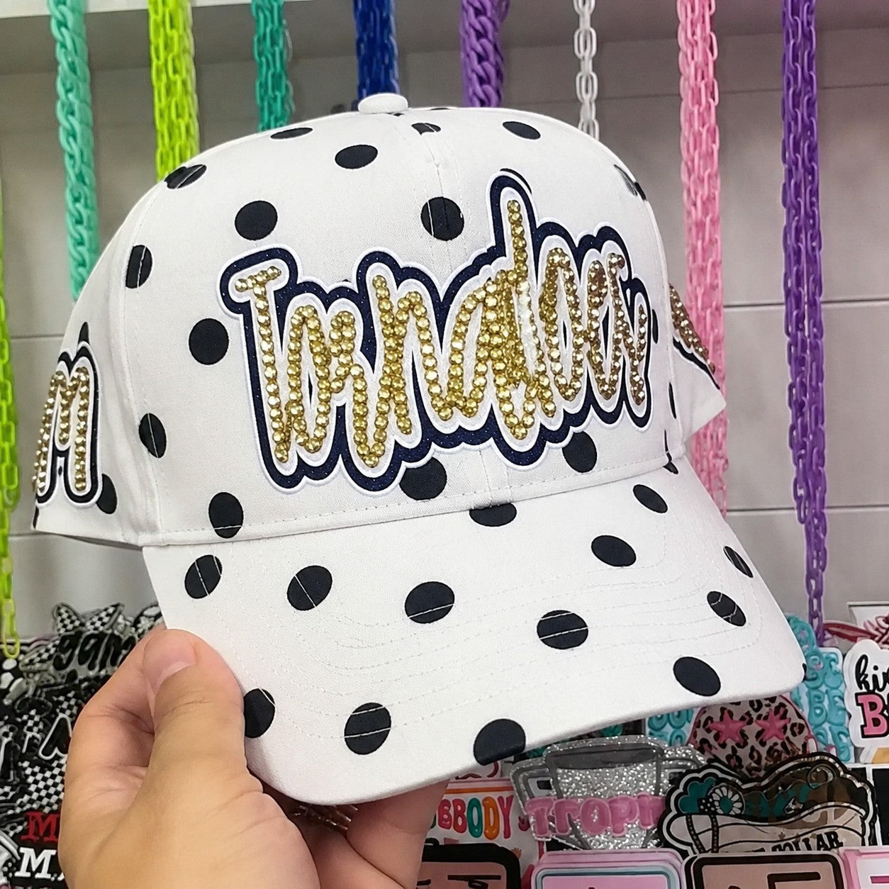 Personalized Polka Dot Baseball Cap – Custom Rhinestone Snapback Hat | Game Day Wear