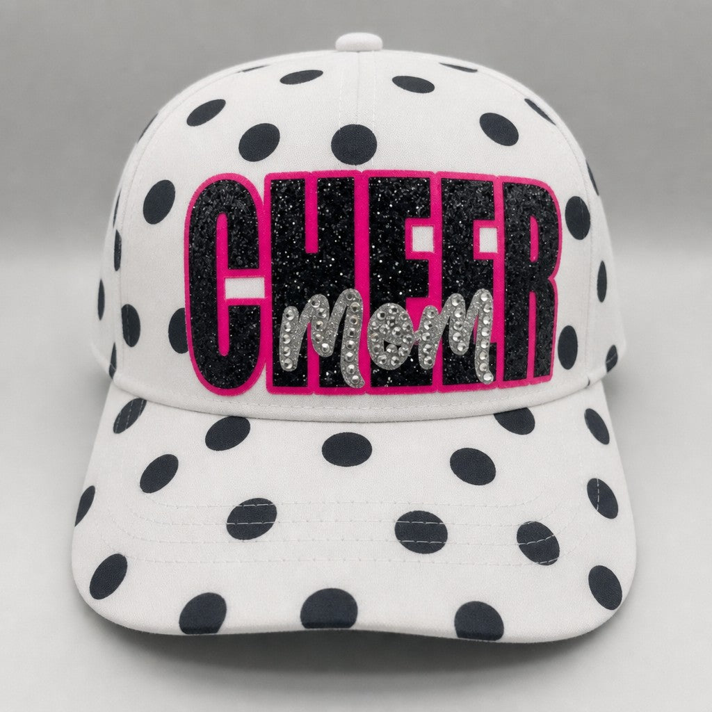 Custom Polka Dot Cheer Mom Dad Hat – Personalized Rhinestone Glitter Trucker Cap | Game Day Wear