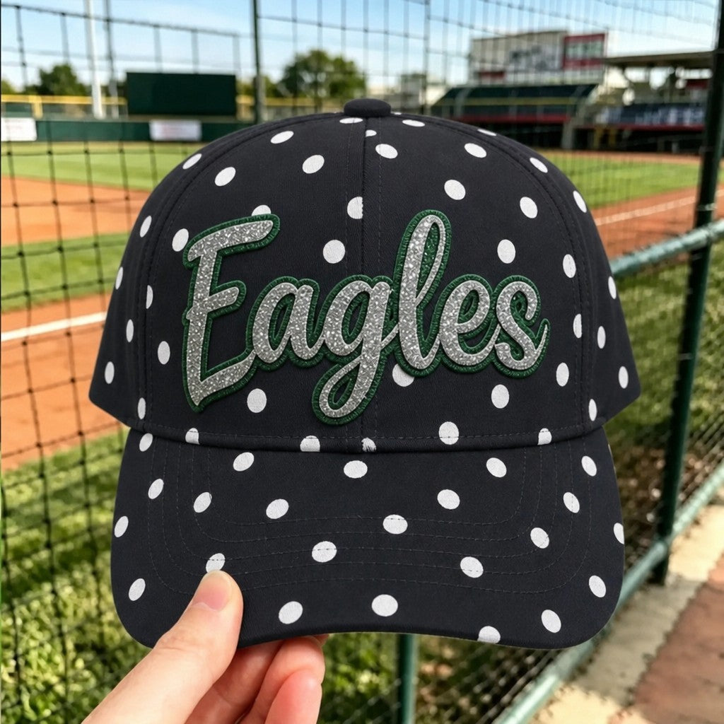Custom Glitter Script Polka Dot Baseball Cap – Personalized Team Spirit Hat | Game Day Wear
