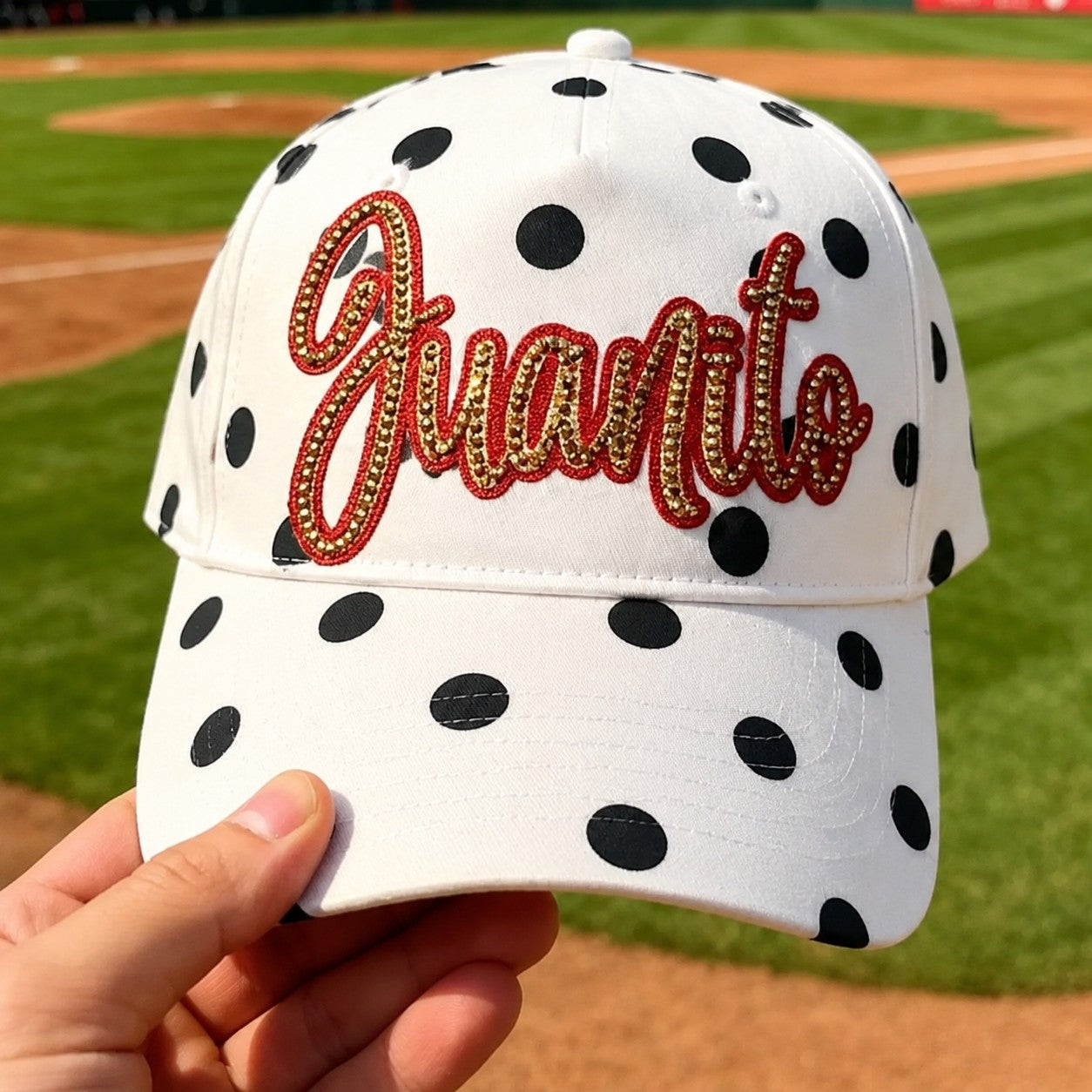 Custom Name Polka Dot Baseball Cap | Personalized Rhinestone Script Hat | Game Day Wear