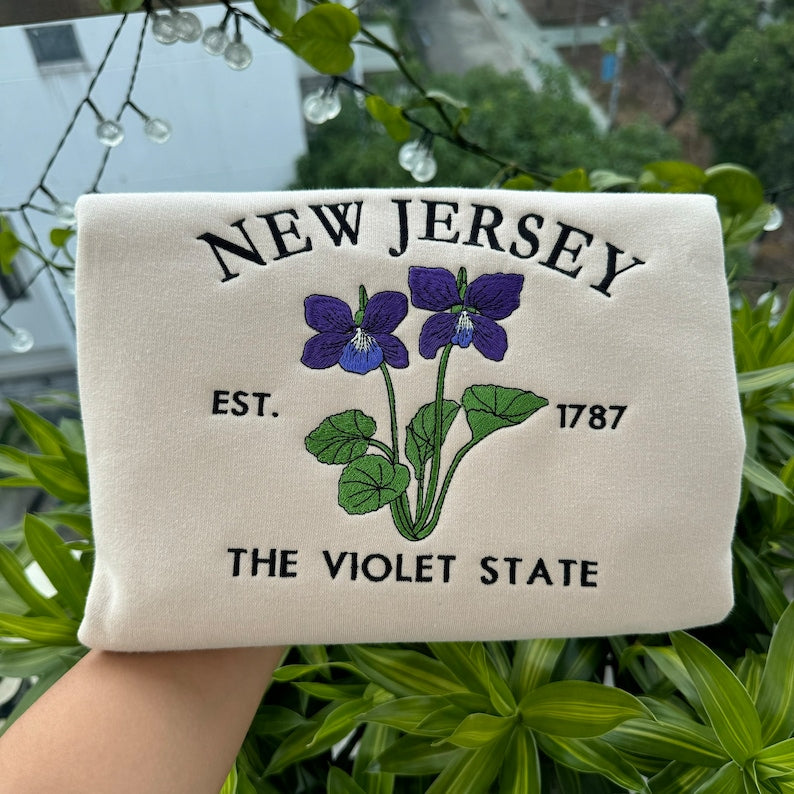 Custom Embroidered New Jersey Violet Sweatshirt | US State Flowers Embroidery State Gift Shirt