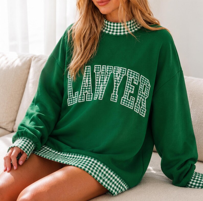 Personalized Gingham Mock Neck Sweatshirt, Custom Profession Text Applique Pullover