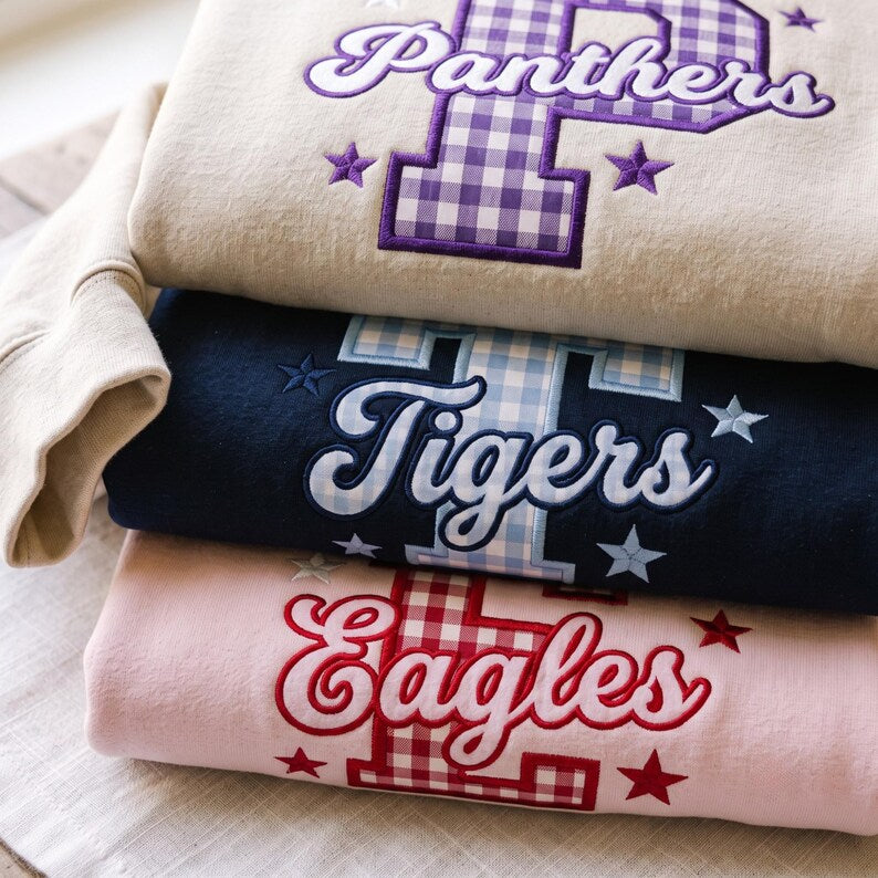 Custom School Spirit Embroidered Sweatshirt, Gingham Varsity Letter Applique, Personalized Team Name Crewneck, Game Day Gift
