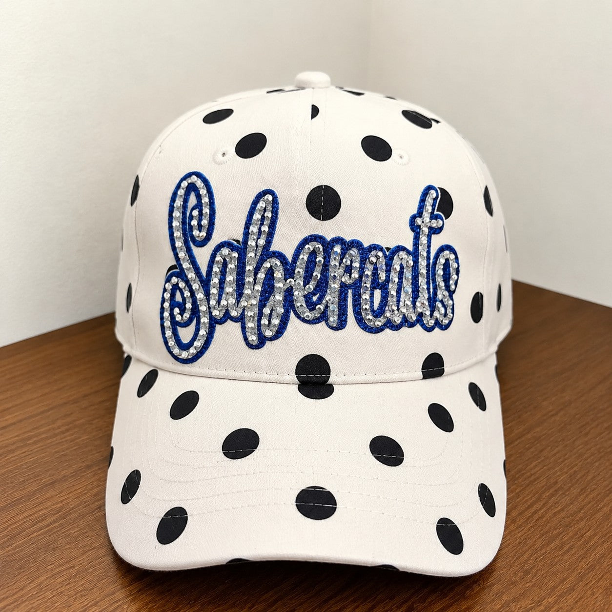 Custom Sports Mom Polka Dot Cap – Personalized Glitter & Rhinestone Baseball Hat for Game Day | Game Day Wear