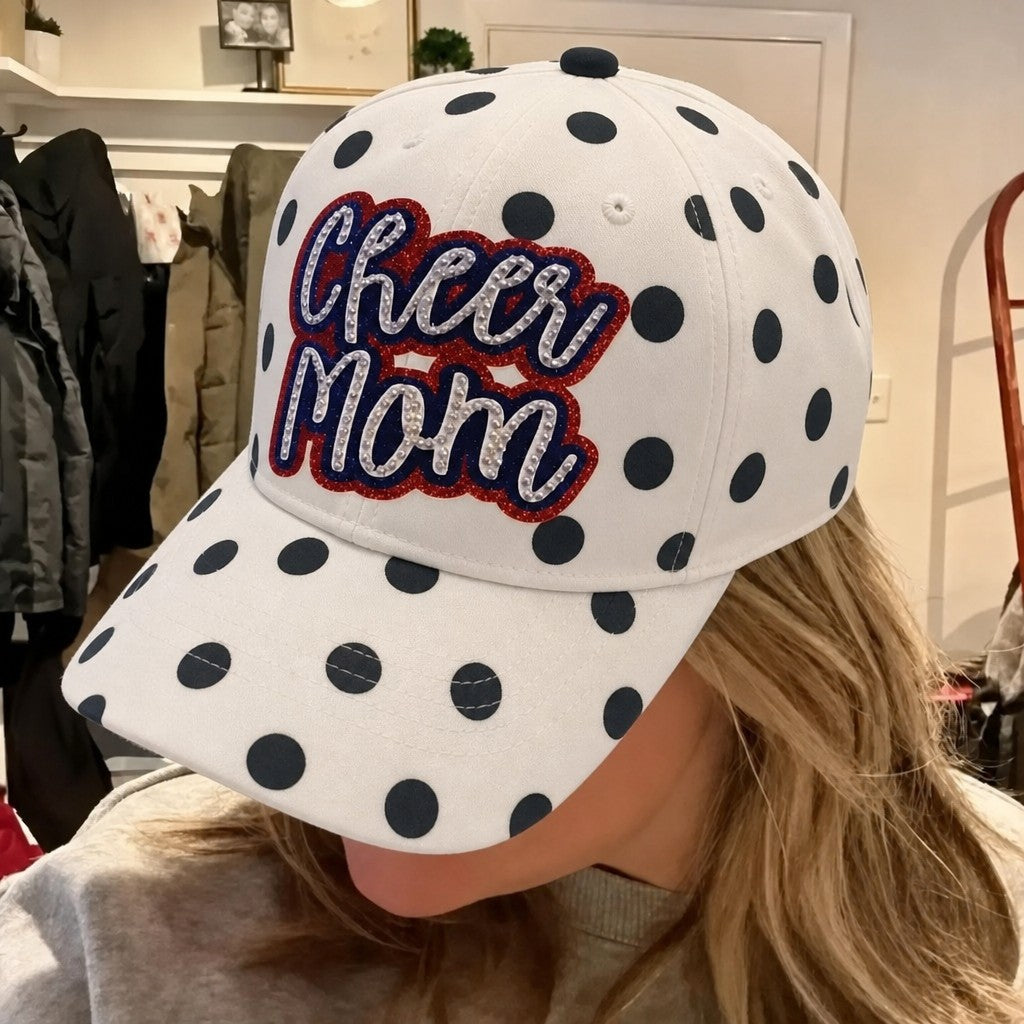 Custom Rhinestone Polka Dot Cheer Mom Cap – Glitter Bling Game Day Baseball Hat, Personalized Gift for Cheer Moms | Game Day Wear
