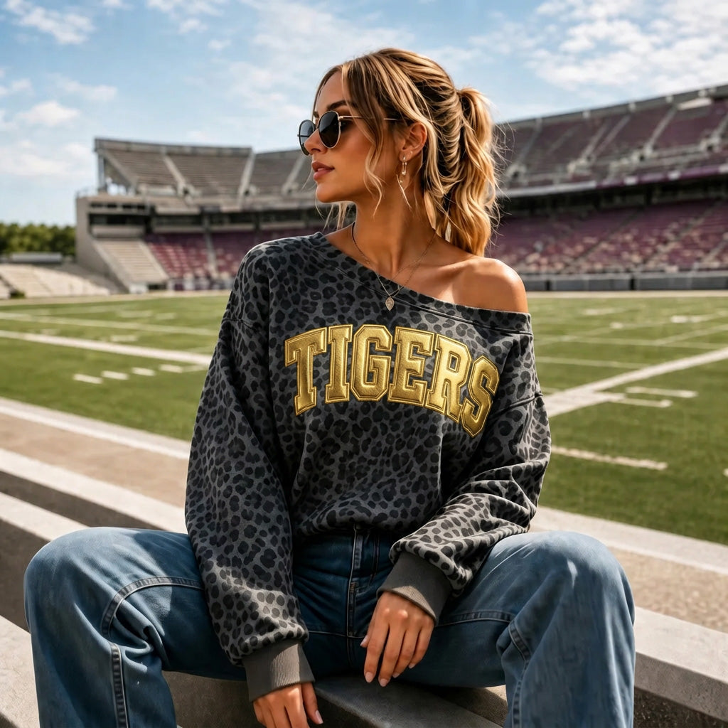 Custom Leopard Off-Shoulder Spirit Sweatshirt with Metallic Puff Team Name