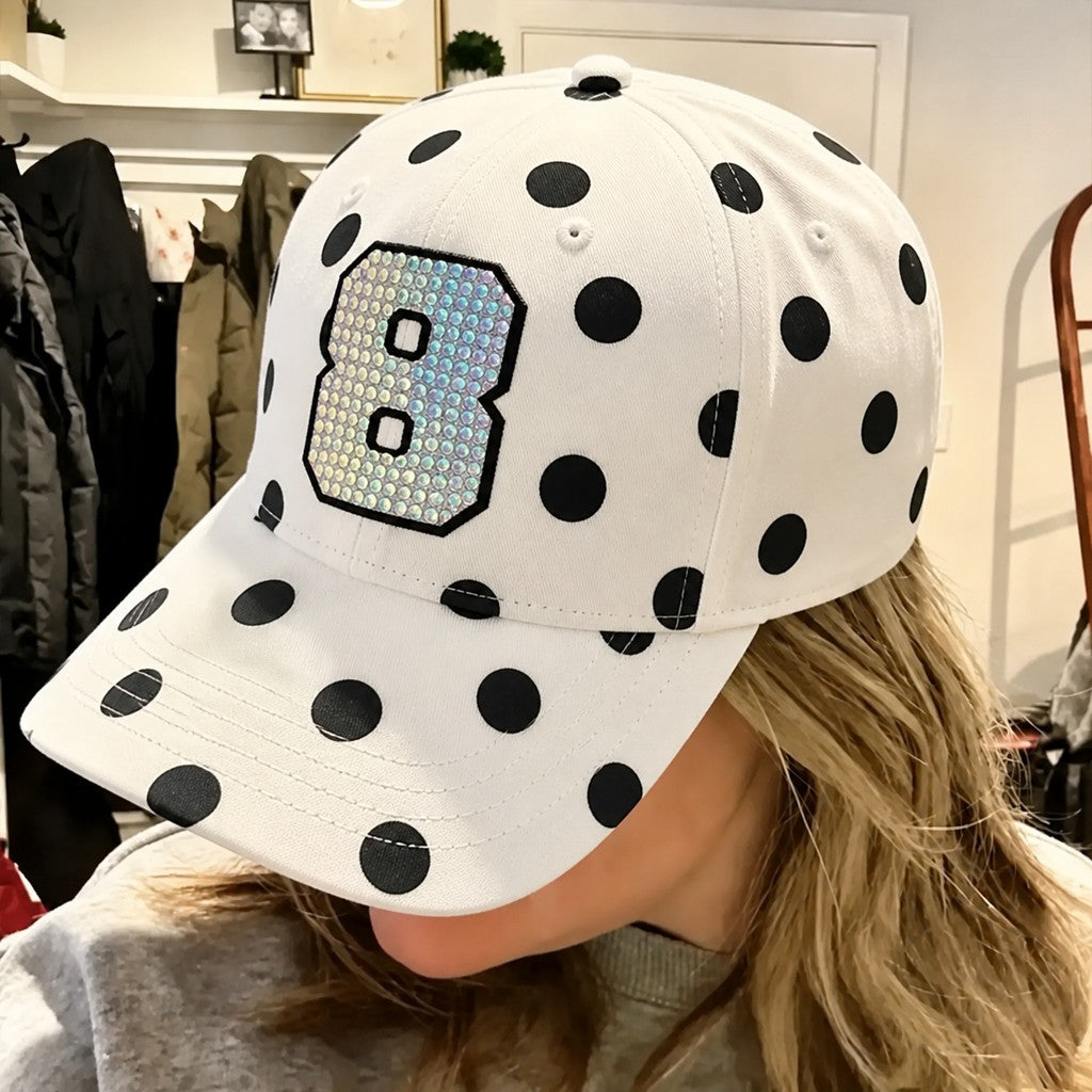 Custom Rhinestone Number Baseball Cap - Black & White Polka Dot Edition