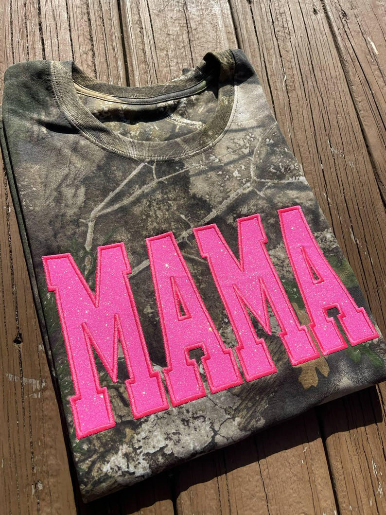 Custom Camo Mama Glitter Applique Short Sleeve or Long Sleeve Shirt | Gifts for Sports Mom