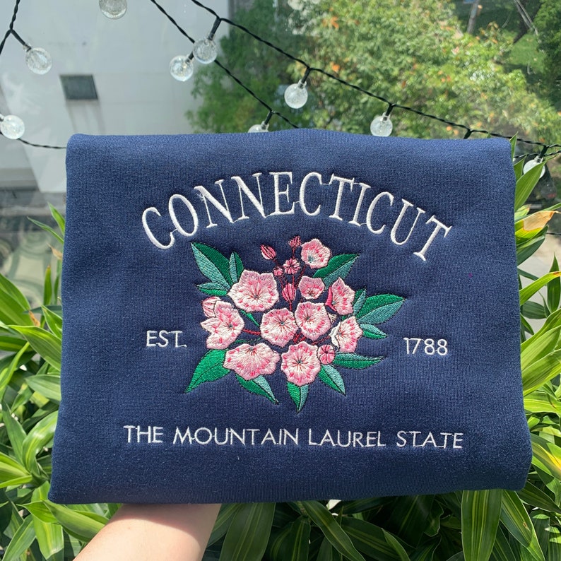 Custom Embroidered Connecticut Mountain Laurel State Sweatshirt | US State Flowers Embroidery State Gift Shirt