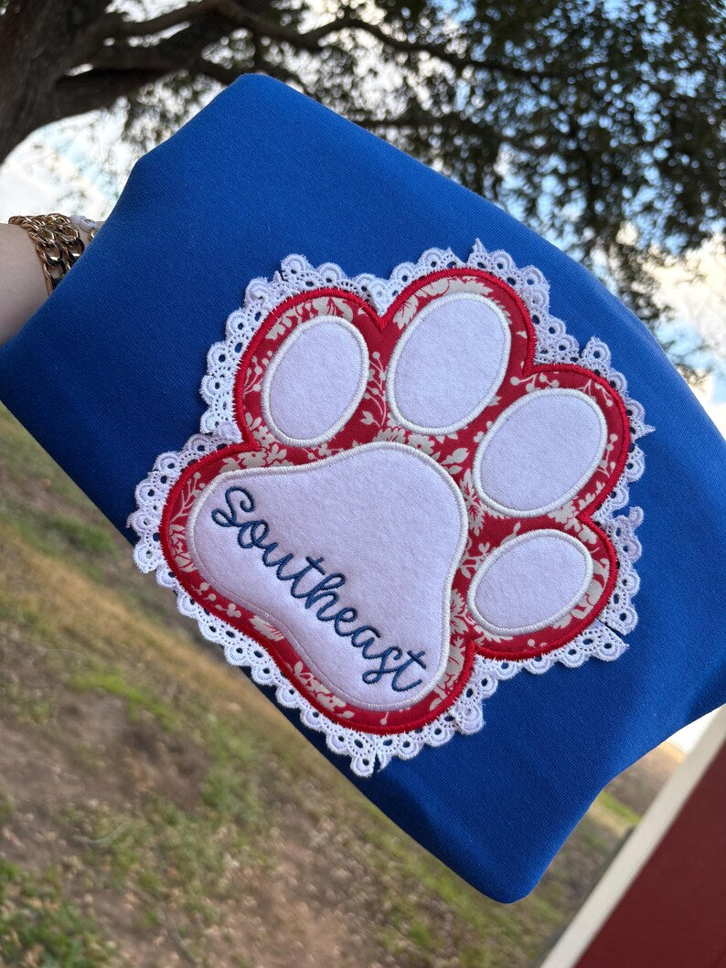 Custom Embroidered Mascot Paw Print Lace Sweatshirt | Personalized Lace Mascot Shirt