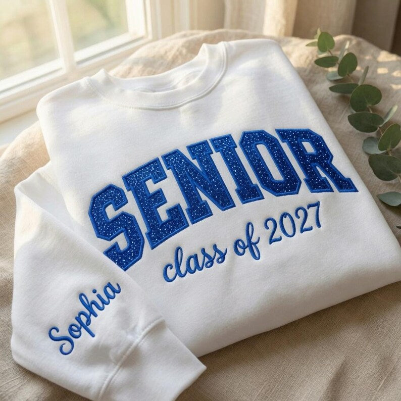 Embroidered Glitter Senior Sweatshirt Class of 2027, Custom Name Sleeve Pullover, Personalized Pink Glitter Chenille Letter Grad Crewneck