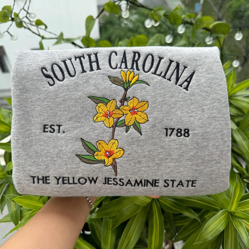Custom Embroidered South Carolina Yellow Jessamine State Sweatshirt | US State Flowers Embroidery State Gift Shirt