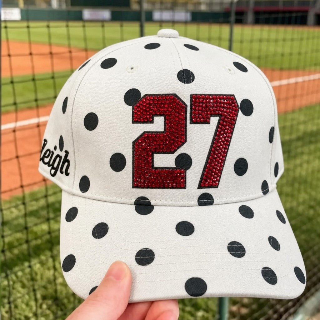 Custom Number Polka Dot Baseball Cap, Bling Rhinestone Game Day Hat – Personalized Sports Mom Cap | Game Day Wear