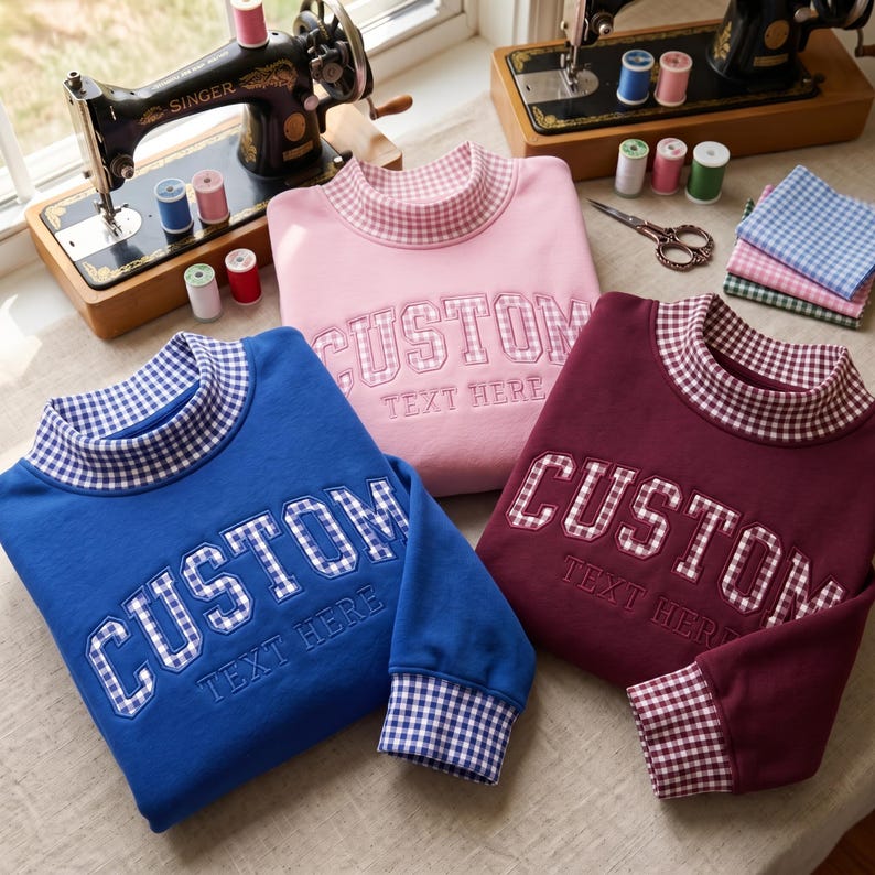 Custom Unisex Gingham Mock Neck Sweatshirt, Custom Applique Name Pullover, Personalized Embroidered