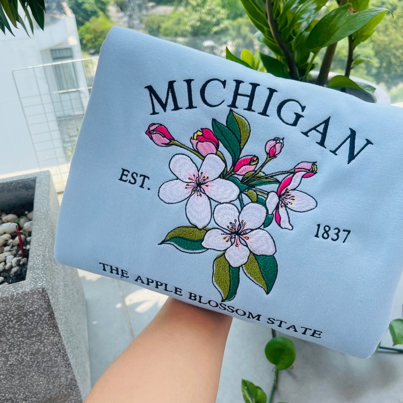 Custom Embroidered Michigan Apple Blossom Sweatshirt | US State Flowers Embroidery State Gift Shirt