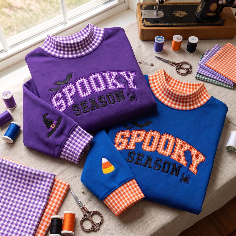 Spooky Season Gingham Mock Neck Sweatshirt, Halloween Applique Crewneck