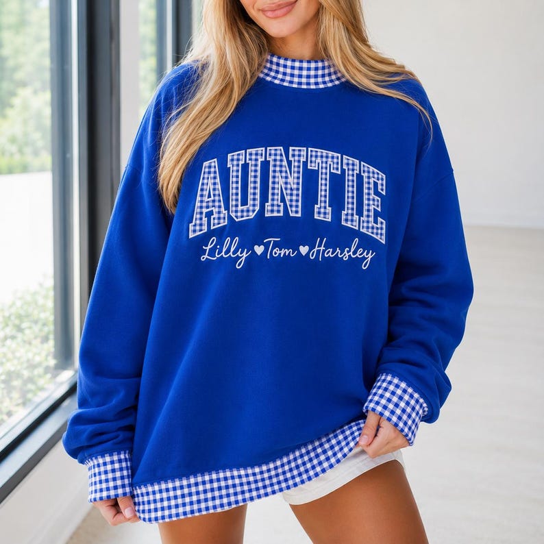 Personalized AUNTIE Gingham Mock Neck Sweatshirt, Custom Applique Text with Names, Embroidered Family