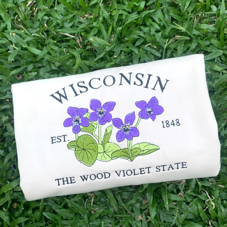Custom Embroidered Wisconsin Wood Violet Sweatshirt | US State Flowers Embroidery State Gift Shirt