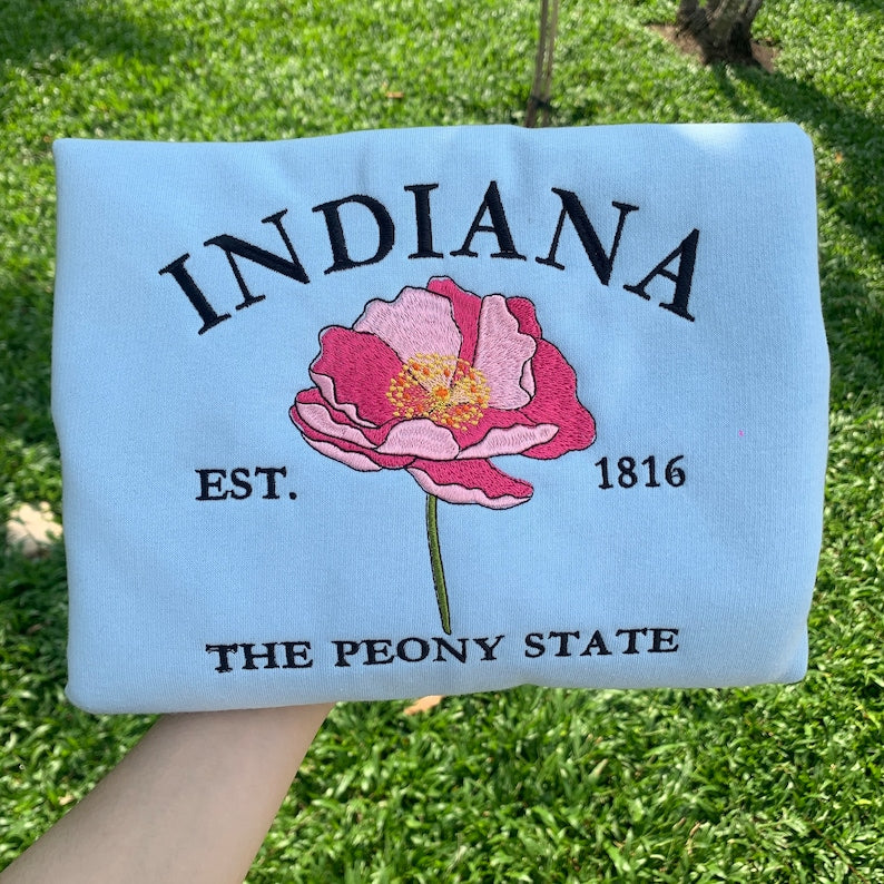 Custom Embroidered Indiana The Peony State Sweatshirt | US State Flowers Embroidery State Gift Shirt