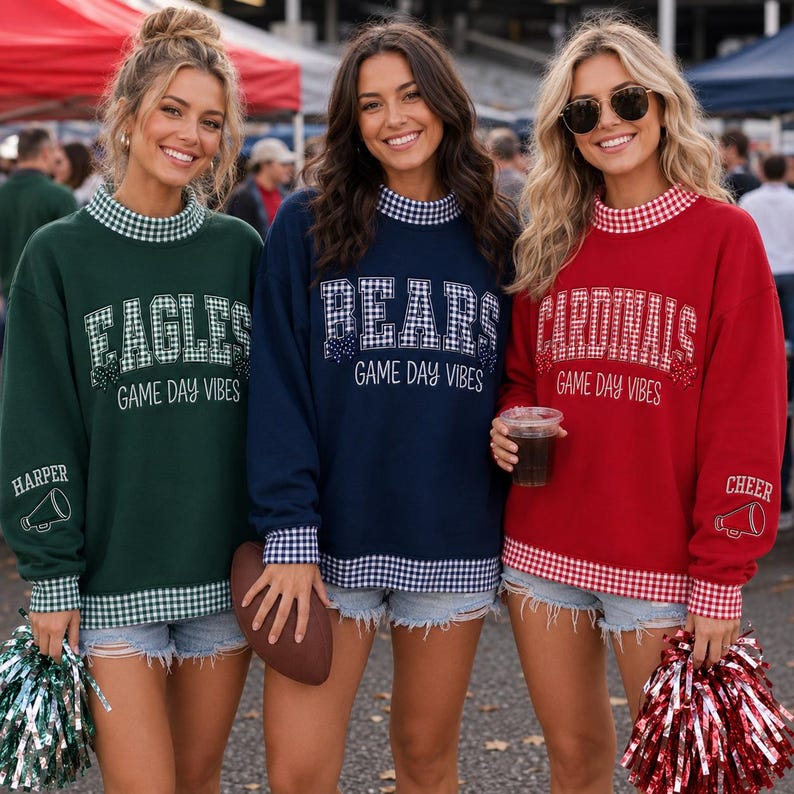 Personalized Game Day Gingham Mock Neck Sweatshirt - Custom Team Football Spirit Crewneck