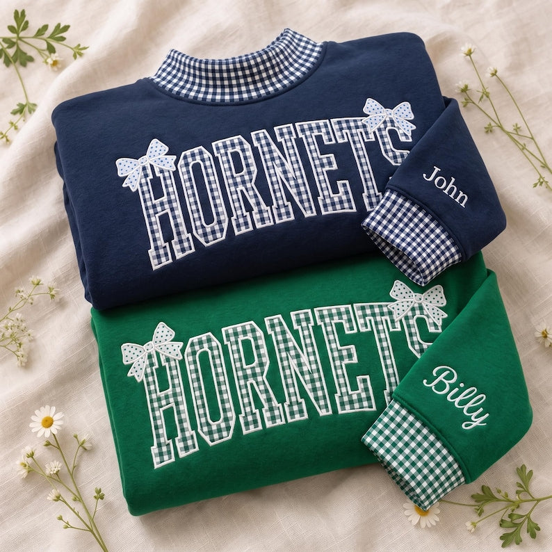 Personalized Gingham Mock Neck Sweatshirt,Custom School Mascot and Name Pullover