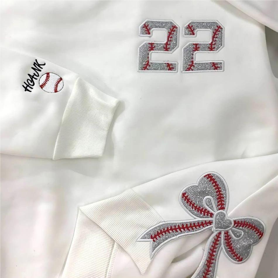 Personalized Baseball Side Bow Applique Side Bow Embroidered Sweatshirt