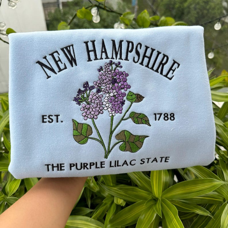 Custom Embroidered New Hampshire Purple Lilac Sweatshirt | US State Flowers Embroidery State Gift Shirt
