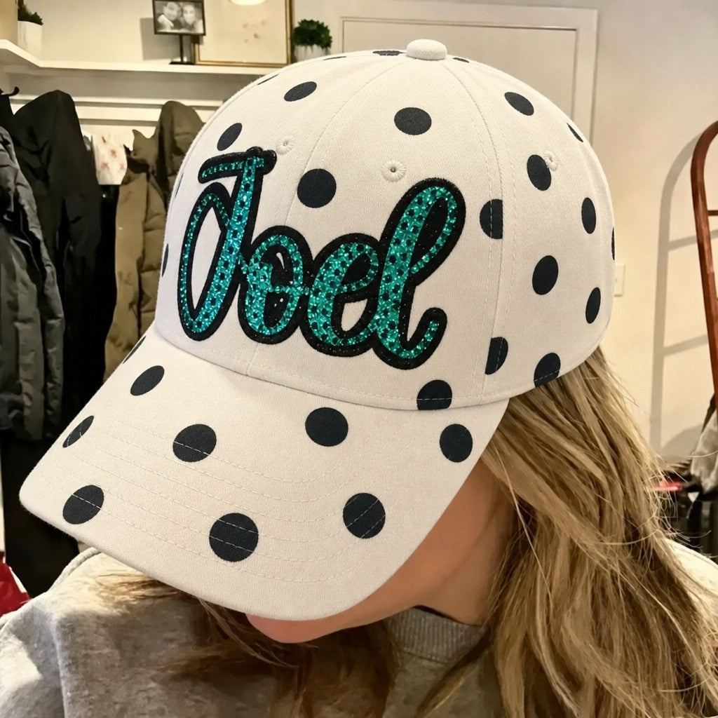 Custom Sparkly Script Polka Dot Hat – Adjustable Snapback Baseball Cap for Sports, Softball & Casual Wear | Game Day Wear