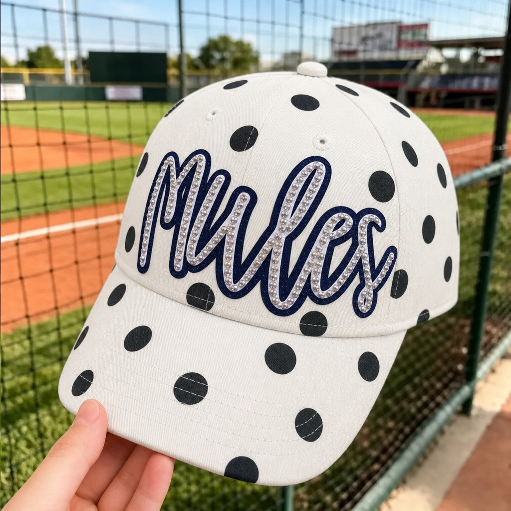 Custom Polka Dot Baseball Cap – Personalized Glitter Rhinestone Hat for Sports Moms & Team Supporter | Game Day Wear