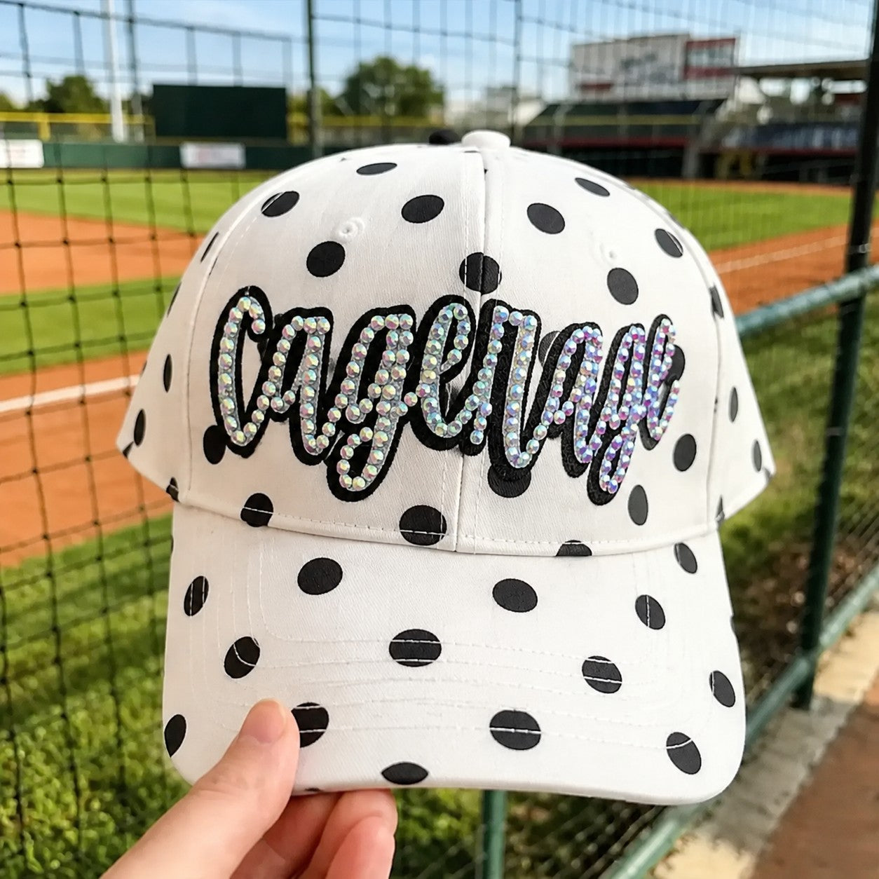 Personalized Rhinestone Cursive Script Trucker Hat - Black & White Polka Dot Adjustable Snapback | Game Day Wear