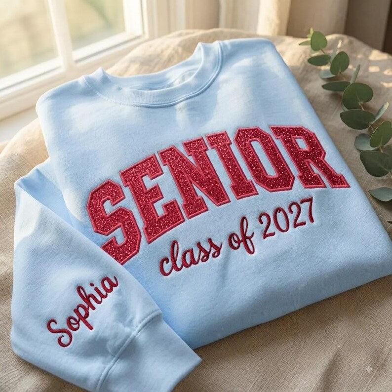 Embroidered Glitter Senior Sweatshirt Class of 2027, Custom Name Sleeve Pullover, Personalized Pink Glitter Chenille Letter Grad Crewneck