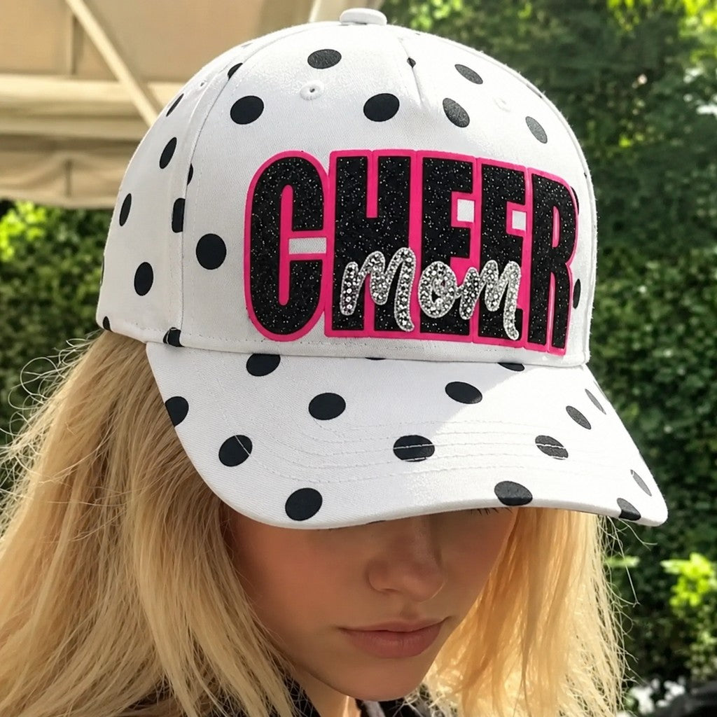 Custom Polka Dot Cheer Mom Dad Hat – Personalized Rhinestone Glitter Trucker Cap | Game Day Wear