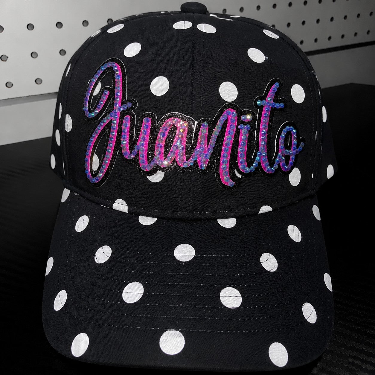 Custom Name Polka Dot Baseball Cap | Personalized Rhinestone Script Hat | Game Day Wear
