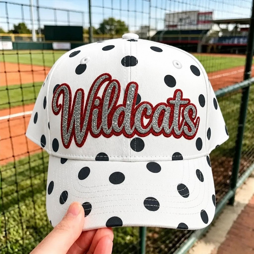 Custom Glitter Script Polka Dot Baseball Cap – Personalized Team Spirit Hat | Game Day Wear