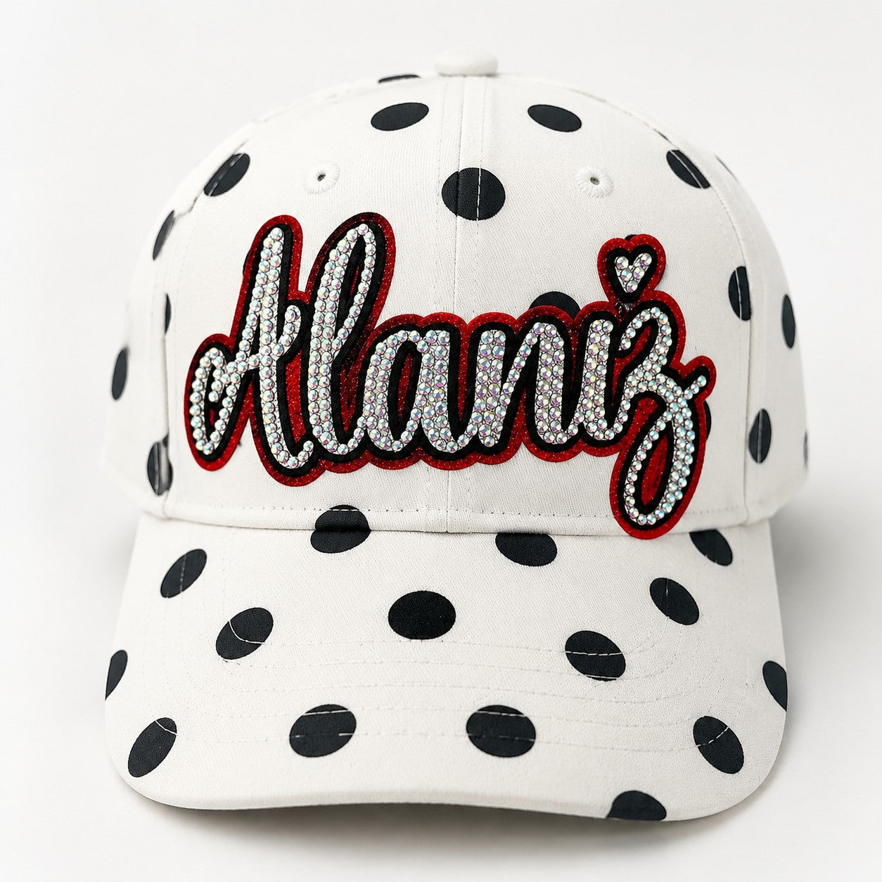 Custom Sports Mom Polka Dot Cap – Personalized Glitter & Rhinestone Baseball Hat for Game Day | Game Day Wear