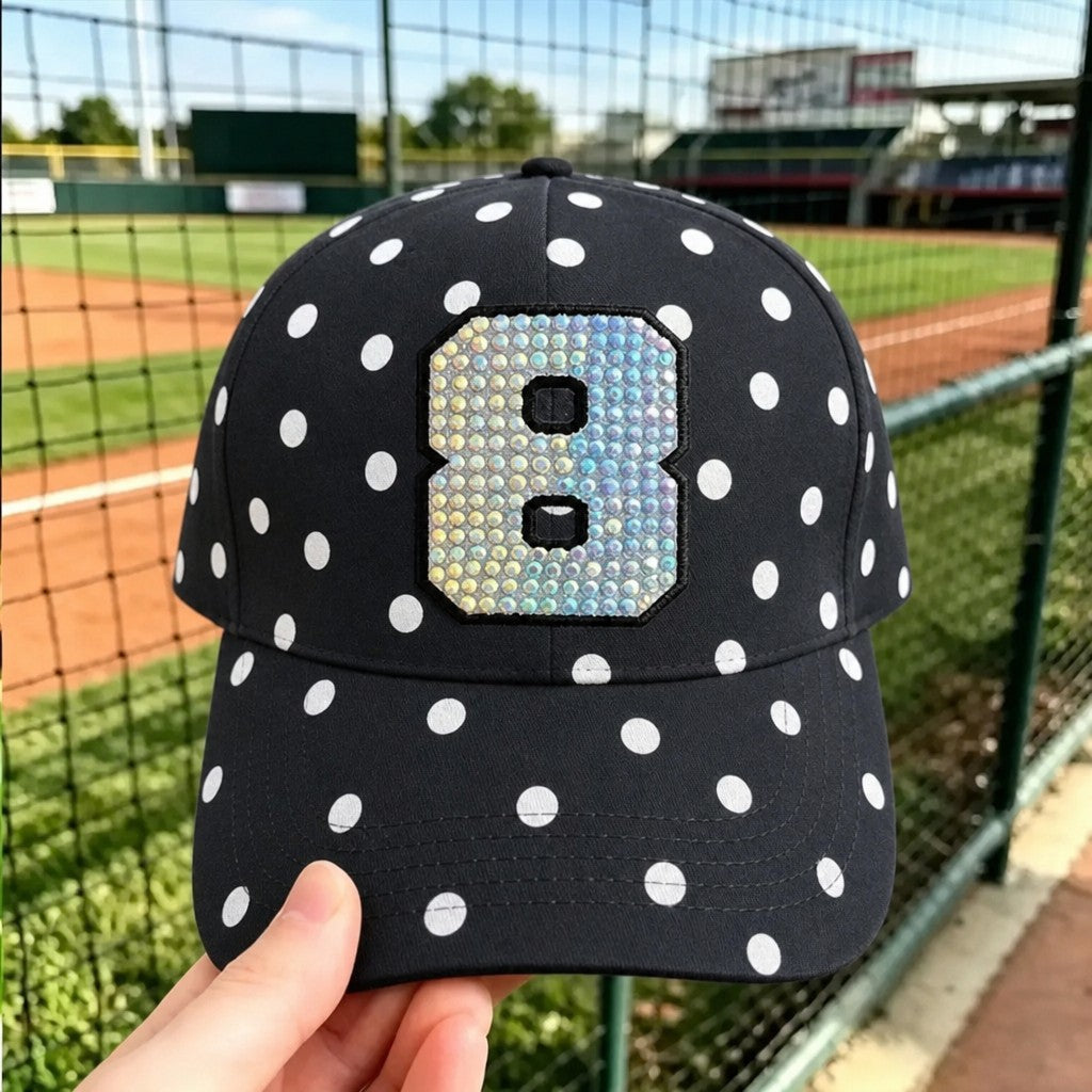 Custom Rhinestone Number Baseball Cap - Black & White Polka Dot Edition