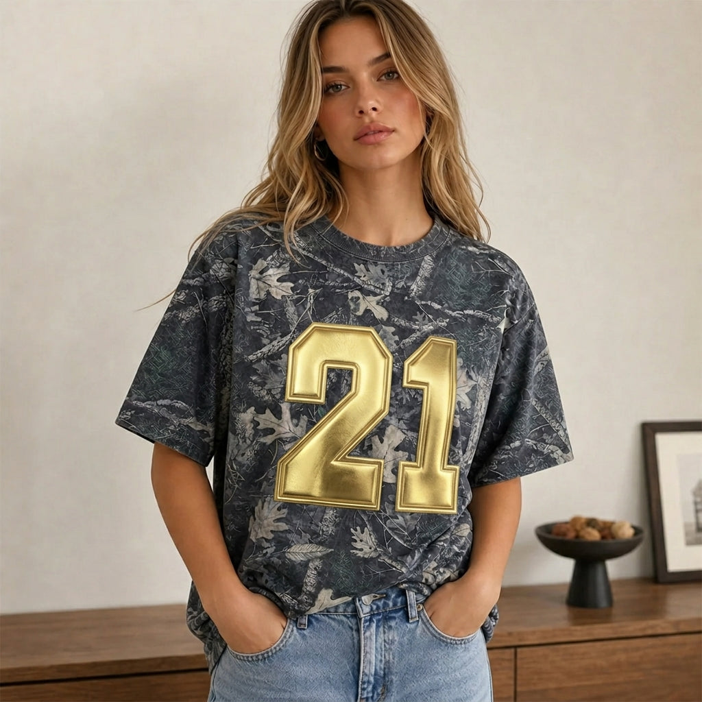 Personalized "Game Day" Metallic Puff Shirt - Custom Text & Numbers on Camo/Leopard