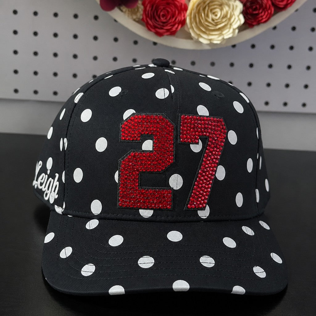 Custom Number Polka Dot Baseball Cap, Bling Rhinestone Game Day Hat – Personalized Sports Mom Cap | Game Day Wear