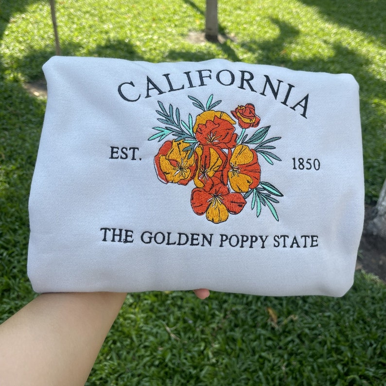 Custom Embroidered California Golden Poppy Sweatshirt | US State Flowers Embroidery State Gift Shirt