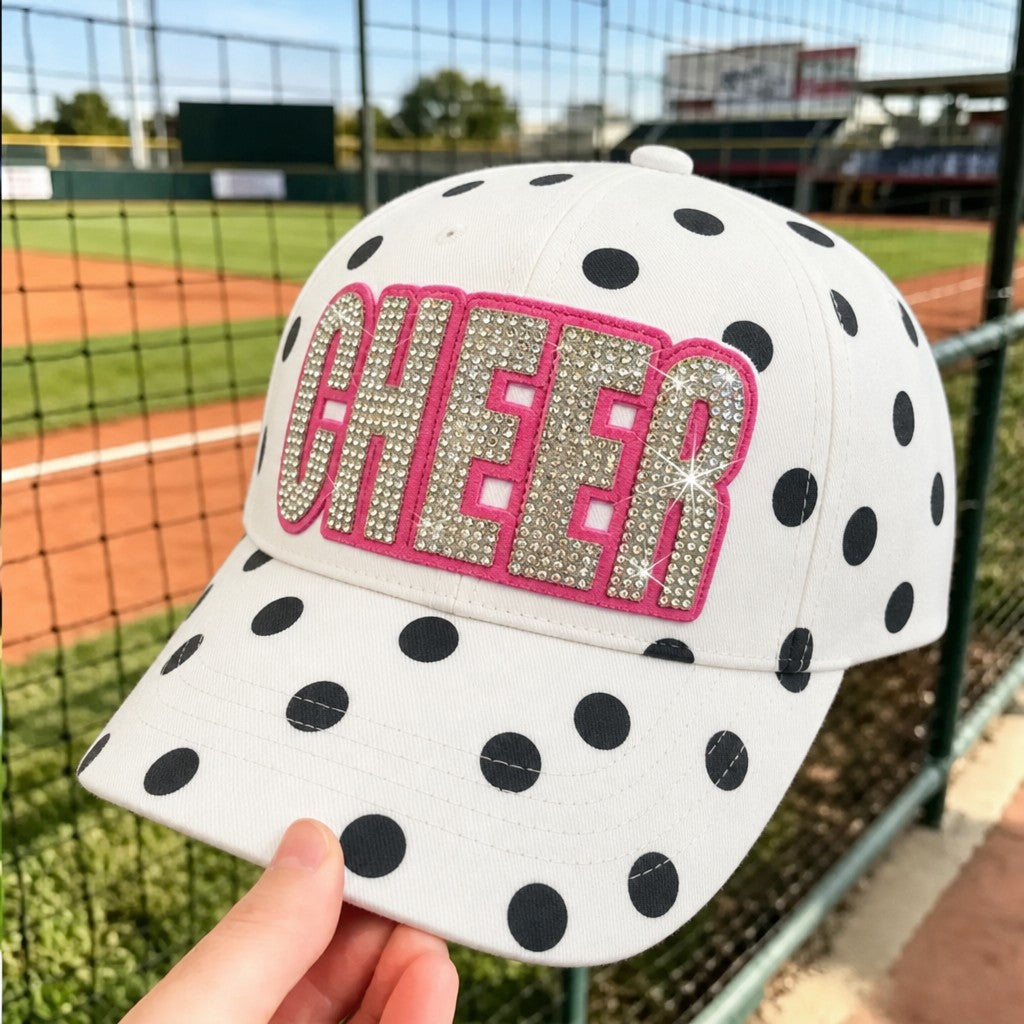 Custom Sparkly Rhinestone CHEER Polka Dot Hat – Bling Game Day Cap | Game Day Wear
